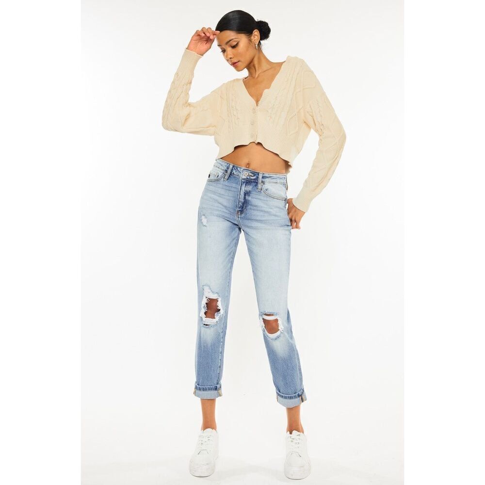 KanCan Milan High Rise Mom Jeans Distressed Denim Jeans Open Knee Size 7/27